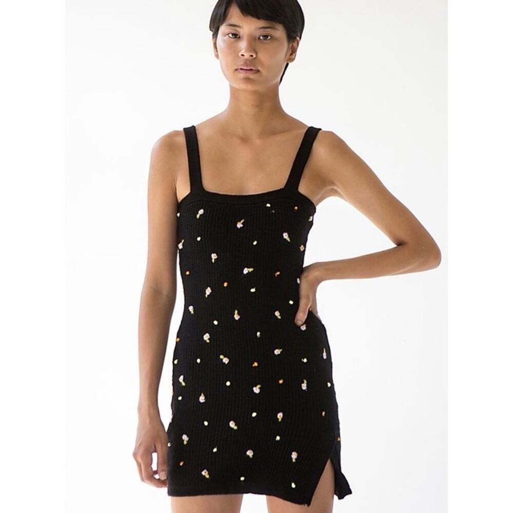 Tach Clothing Naiara Black Floral Knit Front Slit Mini Dress XS Hand Embroidered
